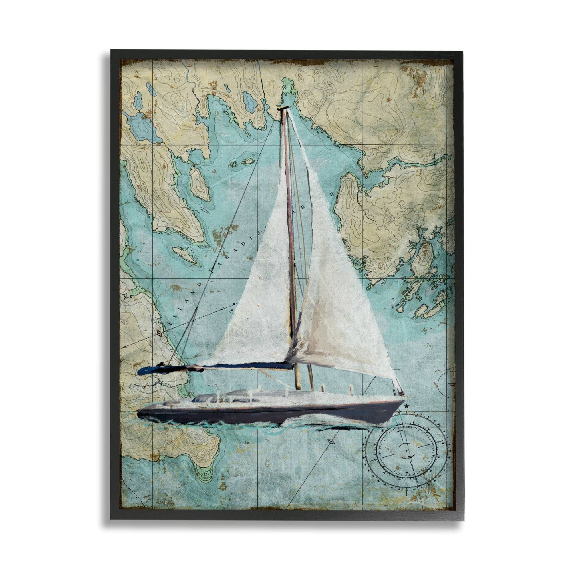 Stupell Industries Vintage World Map Sail Boat Ocean Coast Painting Framed Wall Art
